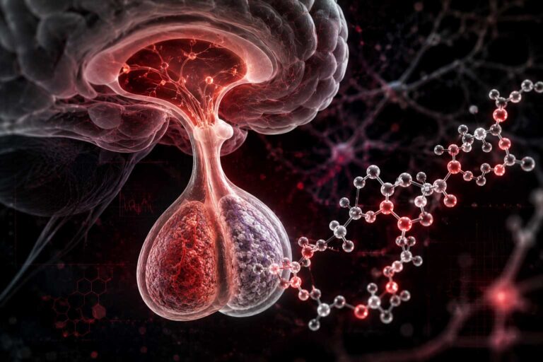 Scientific illustration of the pituitary gland and hypothalamus with a molecular peptide chain overlaid, dark background, deep red and white accent colors, clean editorial style, no people, no text, high resolution, photorealistic with slight 3D depth, research laboratory aesthetic