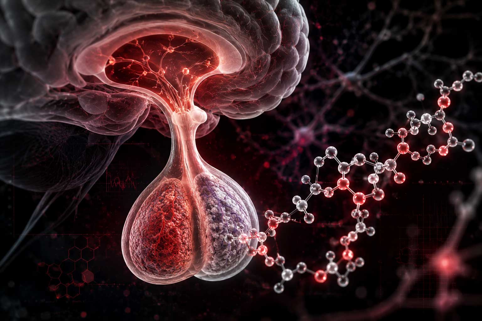 Scientific illustration of the pituitary gland and hypothalamus with a molecular peptide chain overlaid, dark background, deep red and white accent colors, clean editorial style, no people, no text, high resolution, photorealistic with slight 3D depth, research laboratory aesthetic
