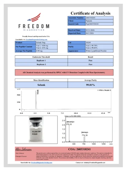 Selank 5mg Peptide COA