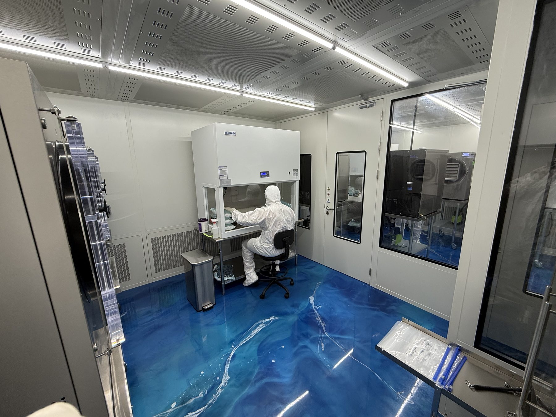 Alpha Peps cleanroom workstation with a gowned operator at a Class II biological safety cabinet, showing the HEPA ceiling grid, low wall air return panels and seamless epoxy floor.