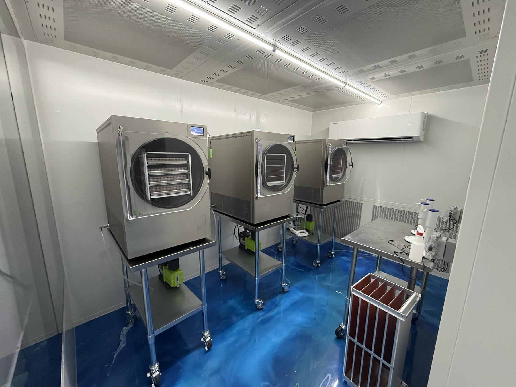 A bank of three stainless steel laboratory freeze dryers on mobile stainless tables inside the Alpha Peps cleanroom, each with its own vacuum pump.